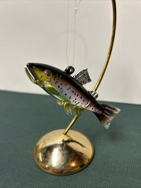 Hand Blown Glass Trout Fish Ornament‎ Fishing Lodge Cabin Decor w/ Stand